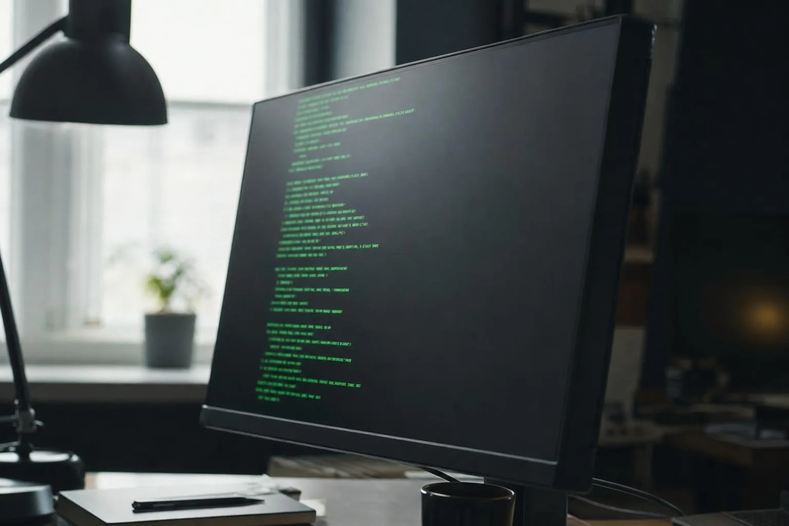 Dark monitor glowing with green terminal text in a dim room